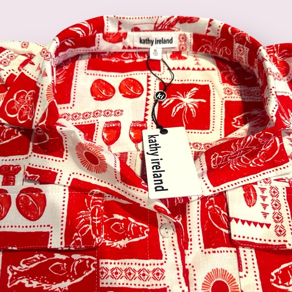 Kathy Ireland Red and White Nautical Lobster Seafood Patterned Shirt - Picture 4 of 7